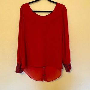 Sheer Brick Red Maude Blouse with Embroidered Sleeves